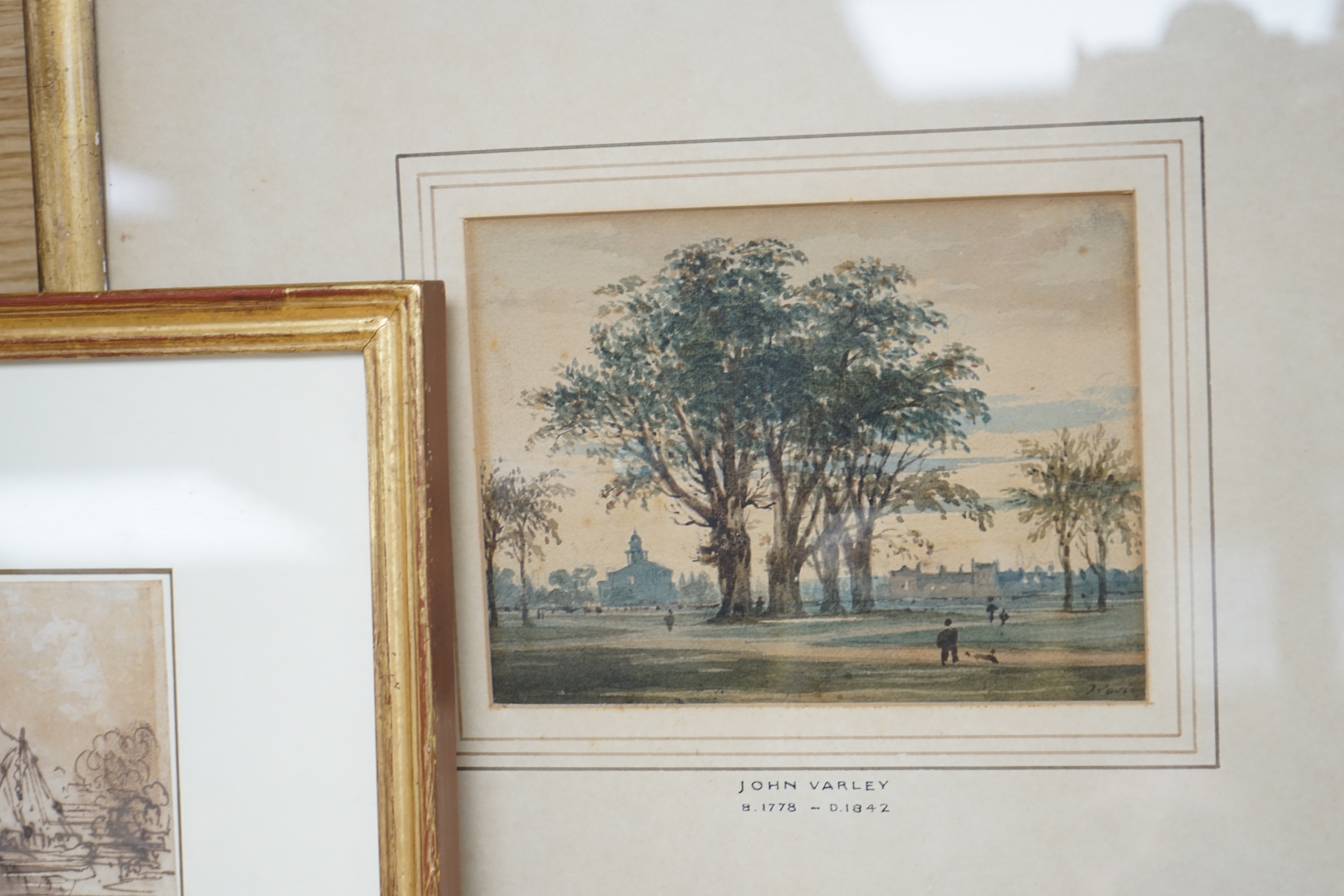 John Varley RWS (1778-1842), watercolour, Figures in a park, together with a pen and ink sketch, Thames barge at anchor, one signed, one with provenance details verso, largest 12 x 15cm